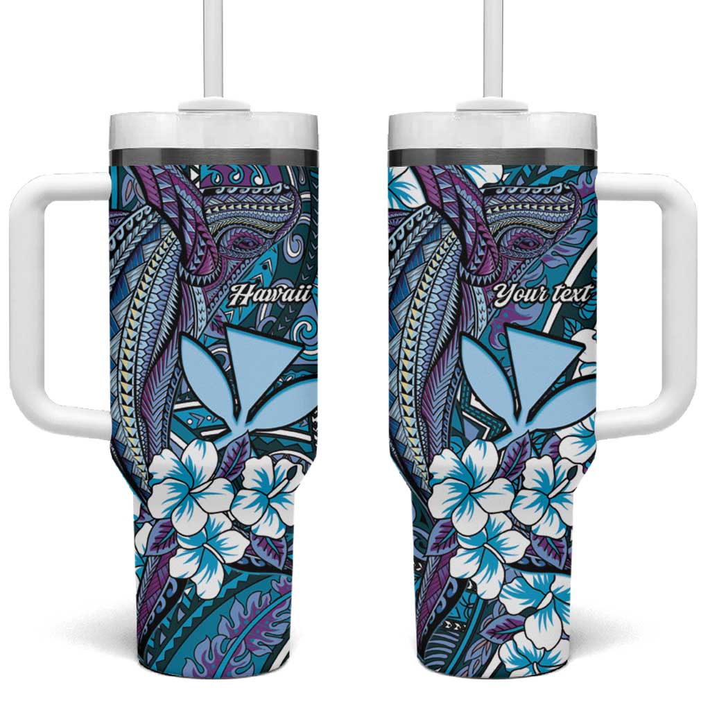 Personalised Hawaii Tribal Humpback Whale Tumbler With Handle Polu Hibiscus Seamless Pattern LT9 One Size: 40 oz Blue - Polynesian Pride