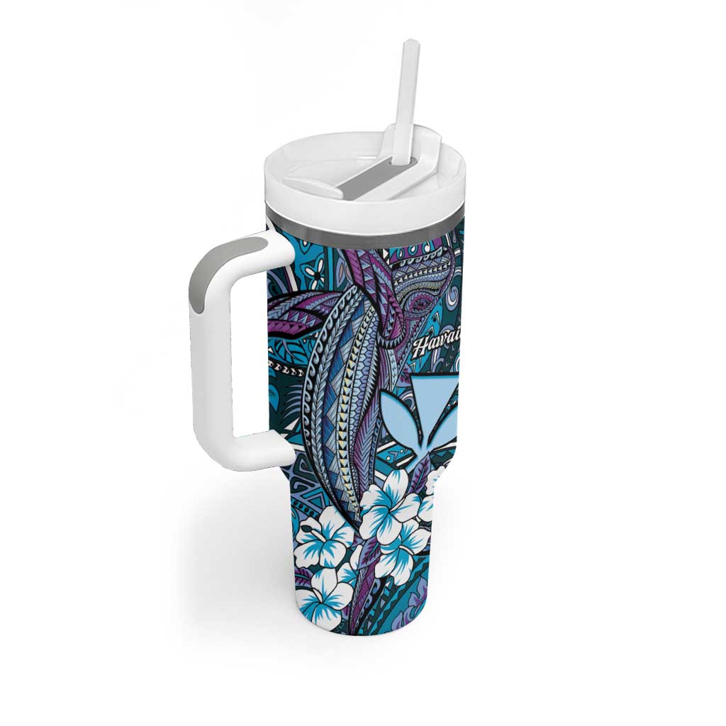 Personalised Hawaii Tribal Humpback Whale Tumbler With Handle Polu Hibiscus Seamless Pattern