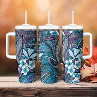 Personalised Hawaii Tribal Humpback Whale Tumbler With Handle Polu Hibiscus Seamless Pattern
