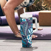 Personalised Hawaii Tribal Humpback Whale Tumbler With Handle Polu Hibiscus Seamless Pattern