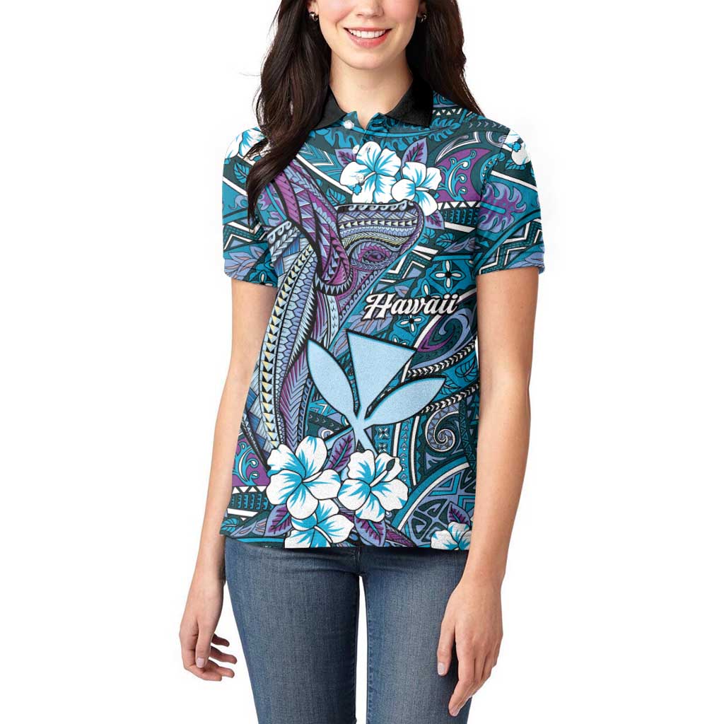 Personalised Hawaii Tribal Humpback Whale Women Polo Shirt Polu Hibiscus Seamless Pattern LT9 - Polynesian Pride