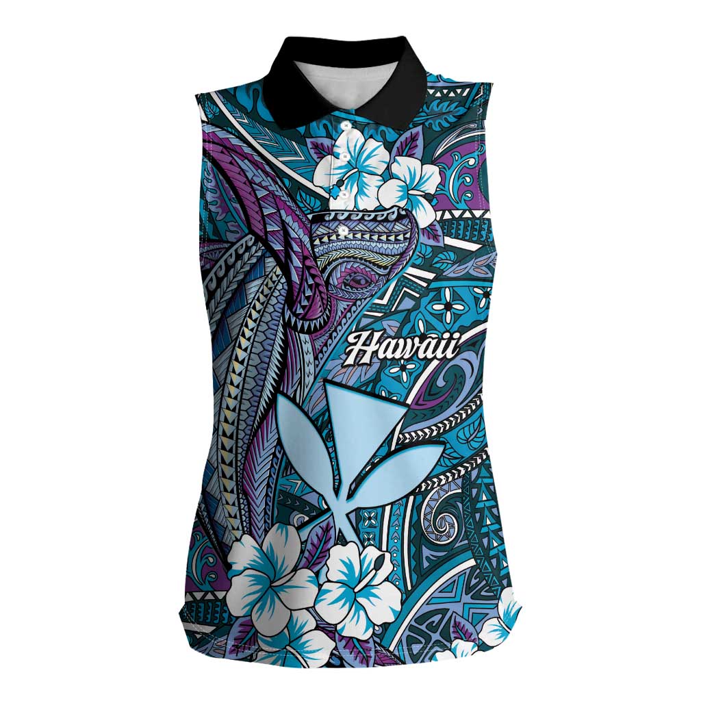 Personalised Hawaii Tribal Humpback Whale Women Sleeveless Polo Shirt Polu Hibiscus Seamless Pattern