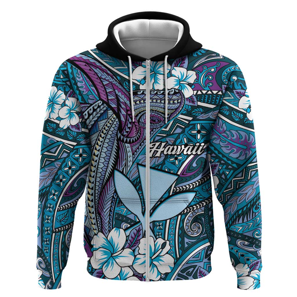 Personalised Hawaii Tribal Humpback Whale Zip Hoodie Polu Hibiscus Seamless Pattern LT9 Zip Hoodie Blue - Polynesian Pride