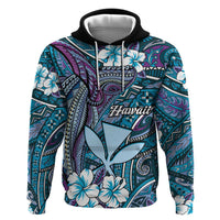 Personalised Hawaii Tribal Humpback Whale Zip Hoodie Polu Hibiscus Seamless Pattern LT9 Pullover Hoodie Blue - Polynesian Pride