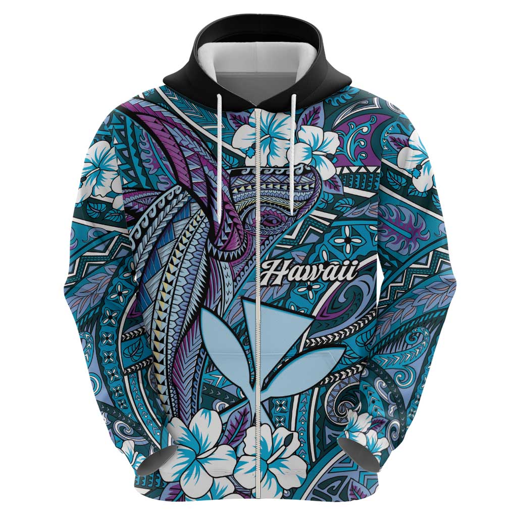 Personalised Hawaii Tribal Humpback Whale Zip Hoodie Polu Hibiscus Seamless Pattern LT9 - Polynesian Pride