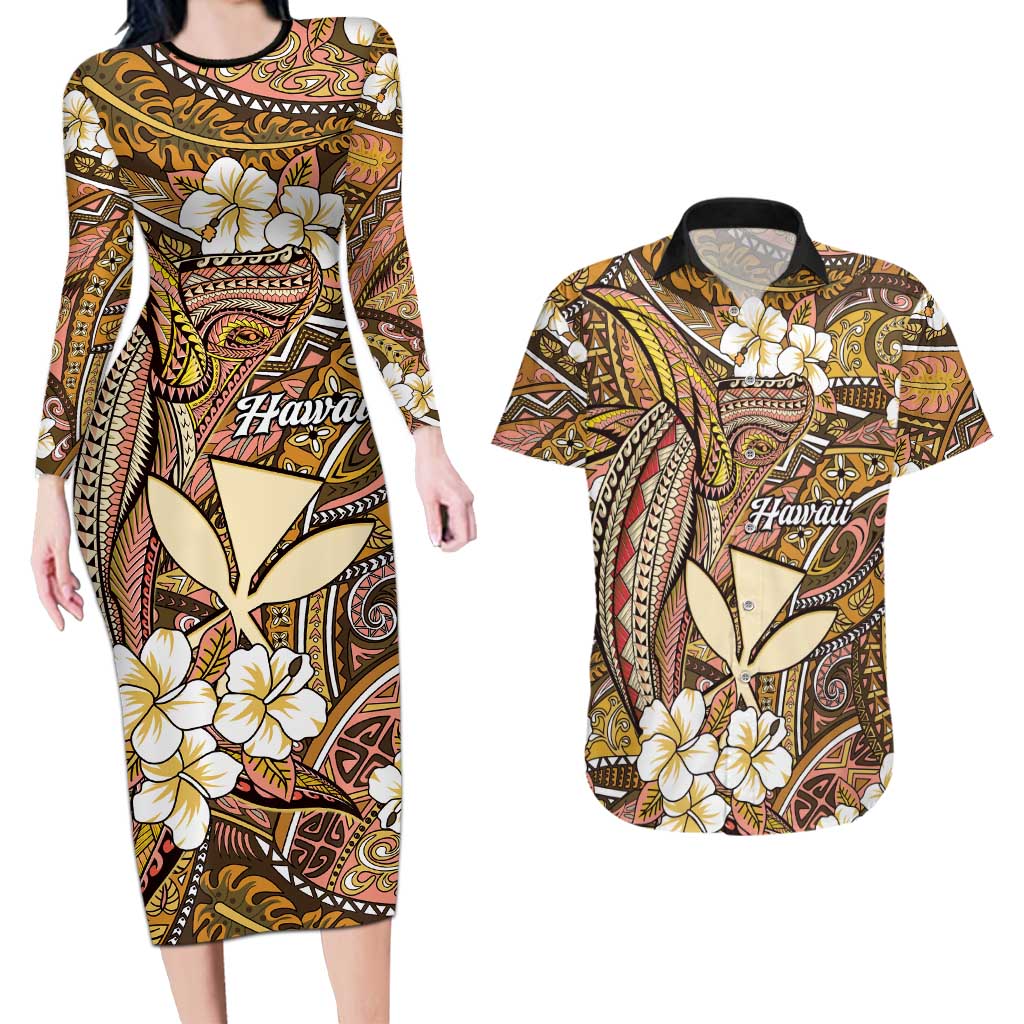 Personalised Hawaii Tribal Humpback Whale Couples Matching Long Sleeve Bodycon Dress and Hawaiian Shirt Melemele Hibiscus Seamless Pattern LT9 Gold - Polynesian Pride