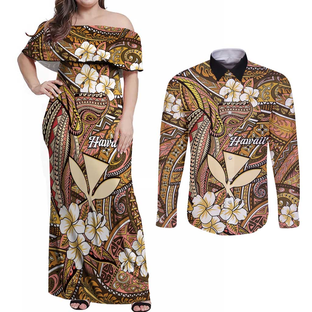 Personalised Hawaii Tribal Humpback Whale Couples Matching Off Shoulder Maxi Dress and Long Sleeve Button Shirt Melemele Hibiscus Seamless Pattern