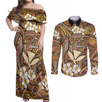 Personalised Hawaii Tribal Humpback Whale Couples Matching Off Shoulder Maxi Dress and Long Sleeve Button Shirt Melemele Hibiscus Seamless Pattern