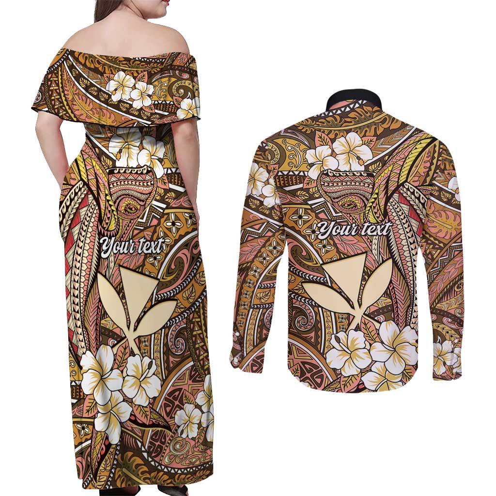 Personalised Hawaii Tribal Humpback Whale Couples Matching Off Shoulder Maxi Dress and Long Sleeve Button Shirt Melemele Hibiscus Seamless Pattern