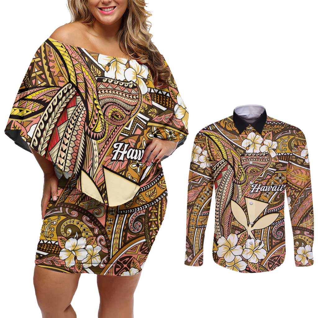 Personalised Hawaii Tribal Humpback Whale Couples Matching Off Shoulder Short Dress and Long Sleeve Button Shirt Melemele Hibiscus Seamless Pattern LT9 Gold - Polynesian Pride