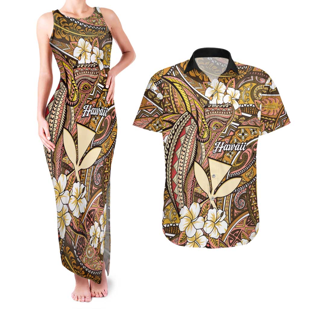 Personalised Hawaii Tribal Humpback Whale Couples Matching Tank Maxi Dress and Hawaiian Shirt Melemele Hibiscus Seamless Pattern LT9 Gold - Polynesian Pride