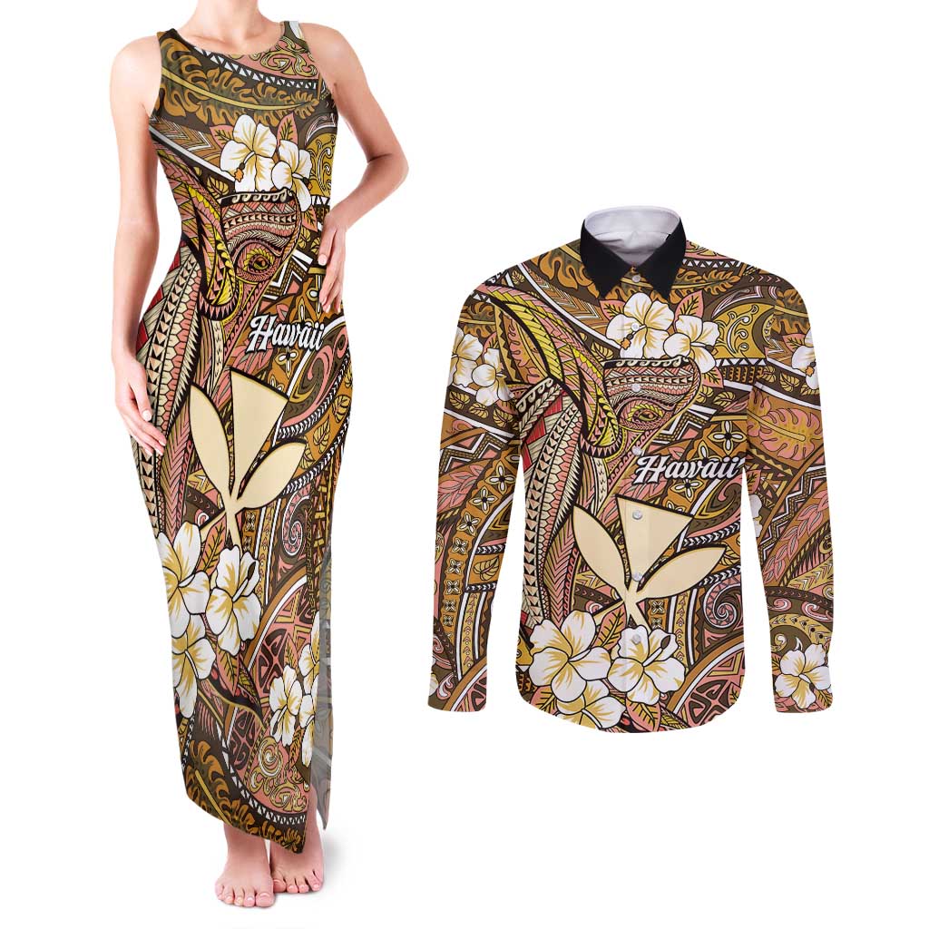 Personalised Hawaii Tribal Humpback Whale Couples Matching Tank Maxi Dress and Long Sleeve Button Shirt Melemele Hibiscus Seamless Pattern LT9 Gold - Polynesian Pride