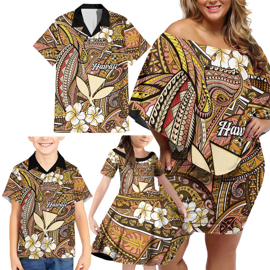Personalised Hawaii Tribal Humpback Whale Family Matching Off Shoulder Short Dress and Hawaiian Shirt Melemele Hibiscus Seamless Pattern LT9 - Polynesian Pride