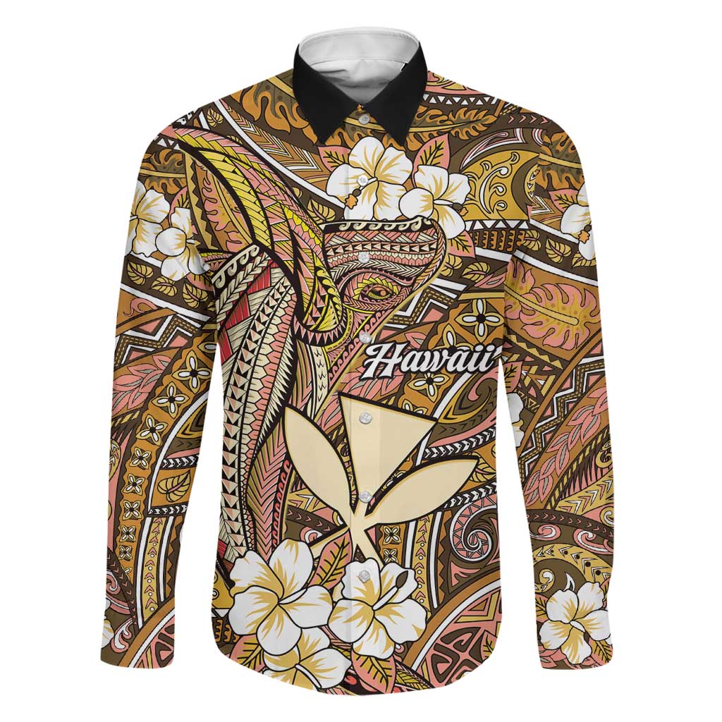 Personalised Hawaii Tribal Humpback Whale Family Matching Tank Maxi Dress and Hawaiian Shirt Melemele Hibiscus Seamless Pattern LT9 Dad's Shirt - Long Sleeve Gold - Polynesian Pride