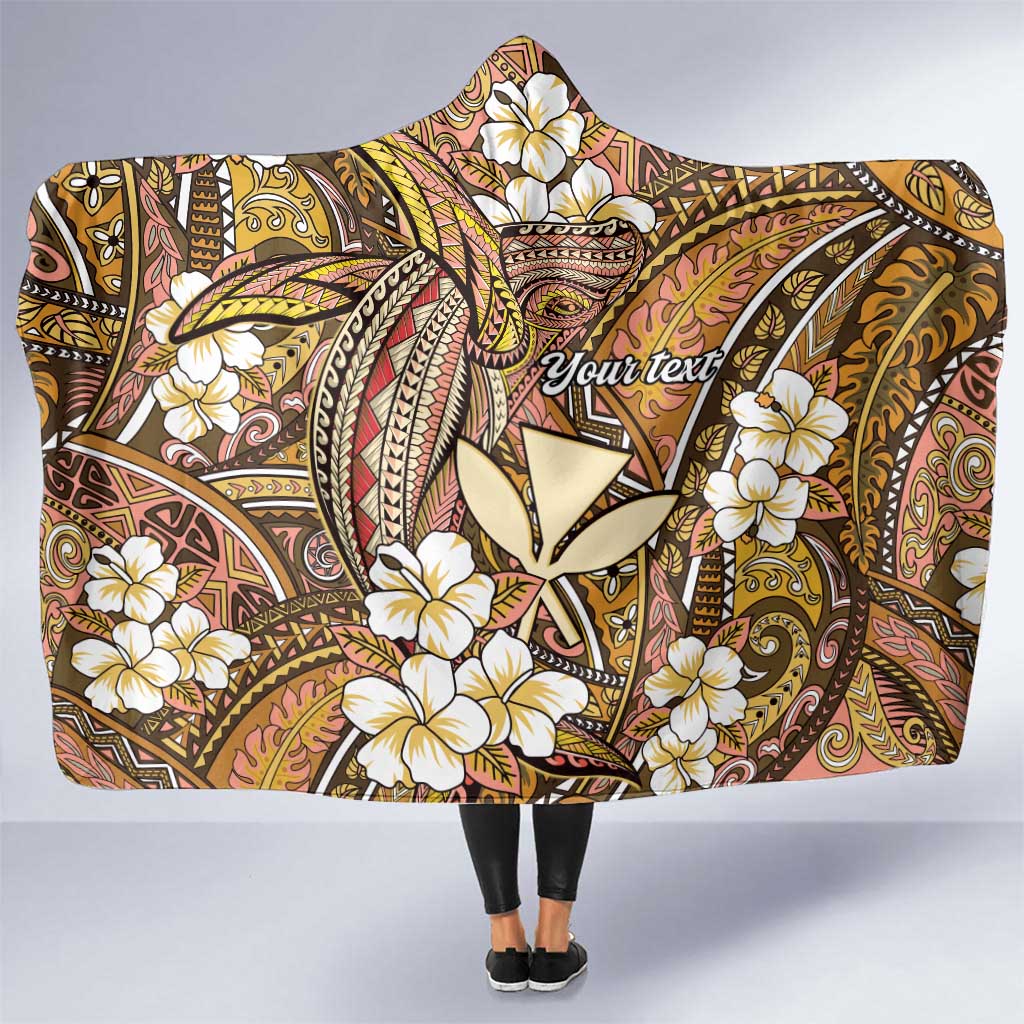Personalised Hawaii Tribal Humpback Whale Hooded Blanket Melemele Hibiscus Seamless Pattern LT9 One Size Gold - Polynesian Pride