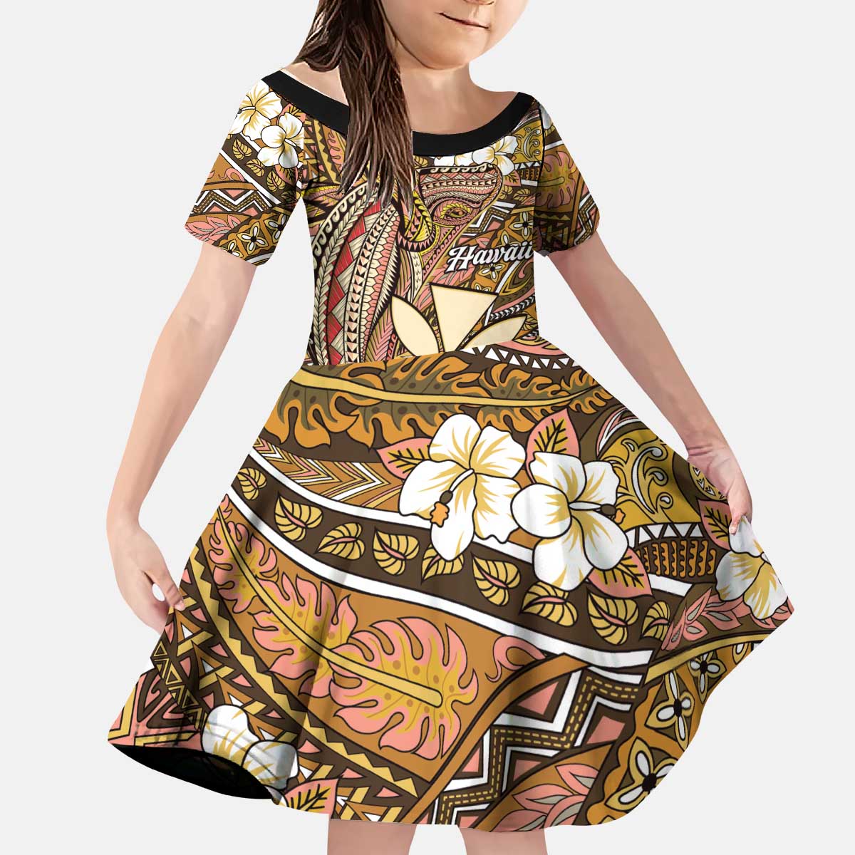 Personalised Hawaii Tribal Humpback Whale Kid Short Sleeve Dress Melemele Hibiscus Seamless Pattern
