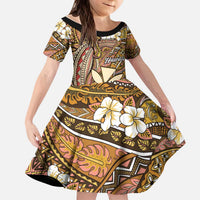 Personalised Hawaii Tribal Humpback Whale Kid Short Sleeve Dress Melemele Hibiscus Seamless Pattern