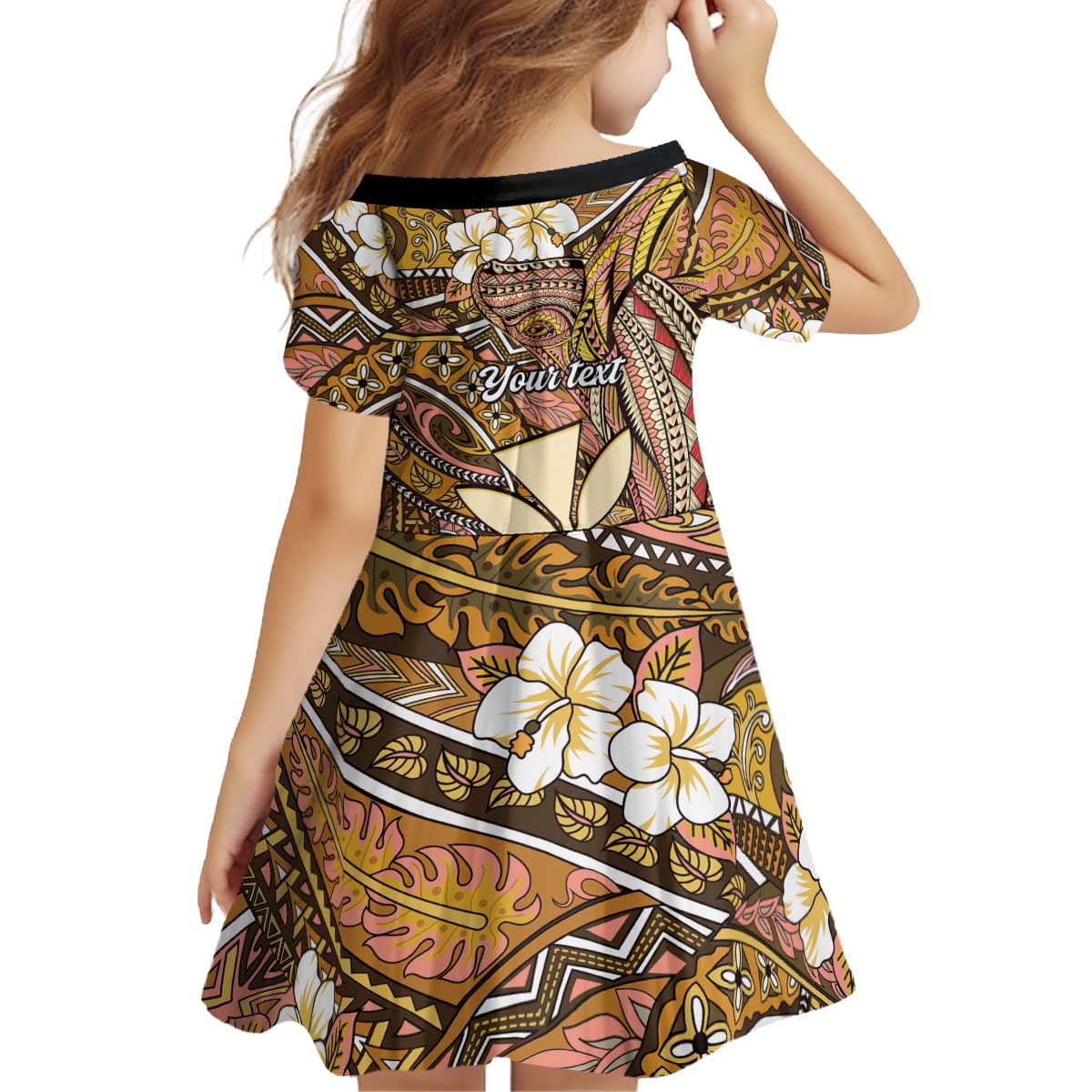 Personalised Hawaii Tribal Humpback Whale Kid Short Sleeve Dress Melemele Hibiscus Seamless Pattern