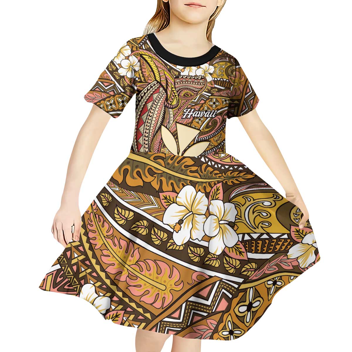Personalised Hawaii Tribal Humpback Whale Kid Short Sleeve Dress Melemele Hibiscus Seamless Pattern