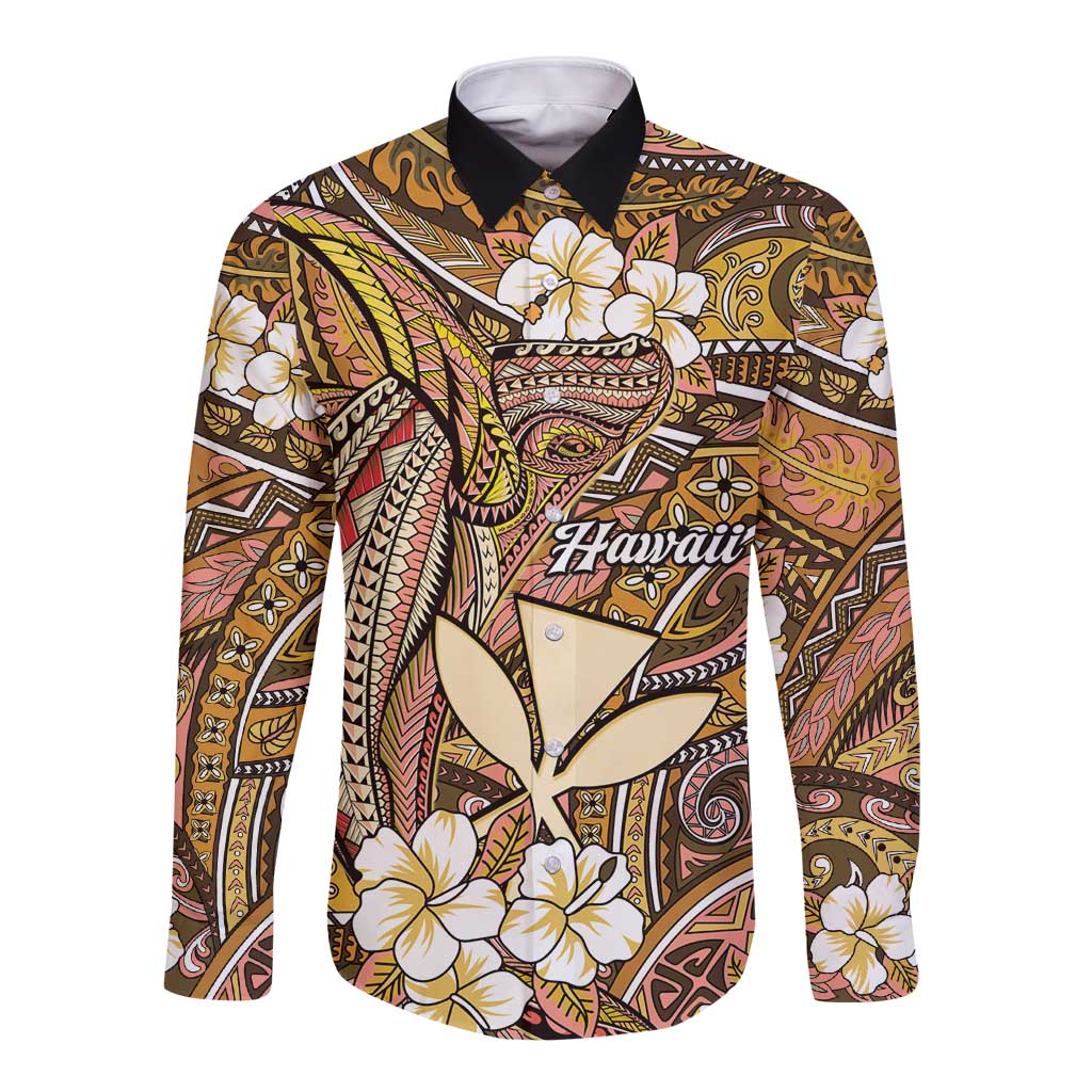 Personalised Hawaii Tribal Humpback Whale Long Sleeve Button Shirt Melemele Hibiscus Seamless Pattern LT9 Unisex Gold - Polynesian Pride