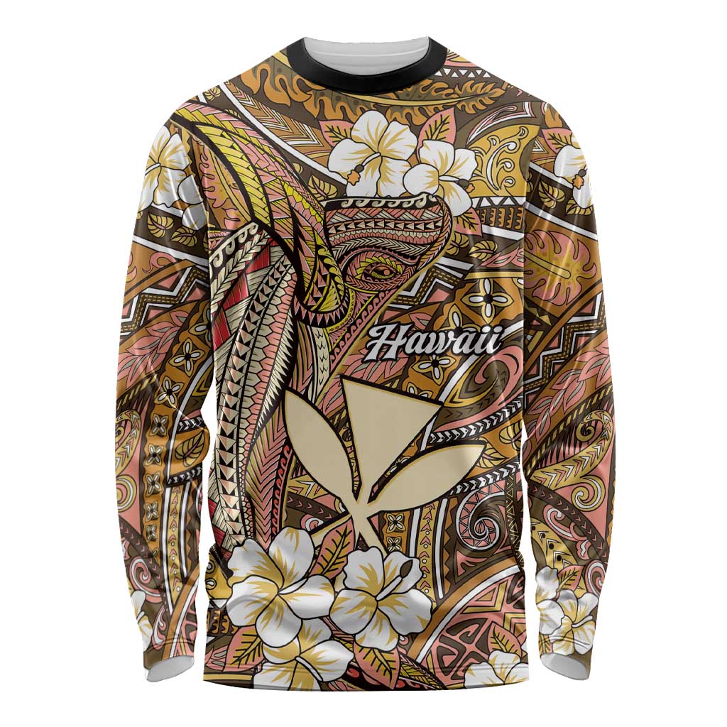 Personalised Hawaii Tribal Humpback Whale Long Sleeve Shirt Melemele Hibiscus Seamless Pattern LT9 Unisex Gold - Polynesian Pride