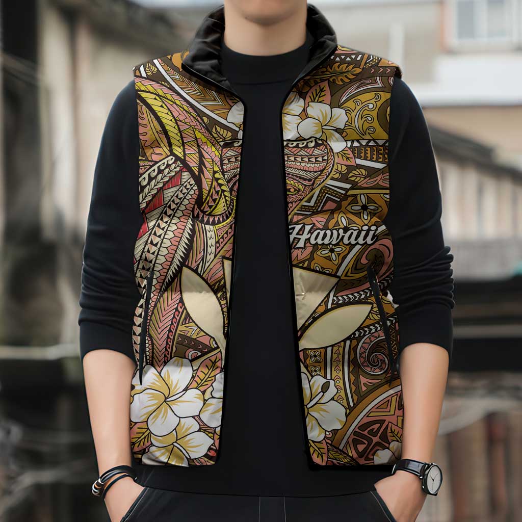 Personalised Hawaii Tribal Humpback Whale Sleeveless Puffer Jacket Melemele Hibiscus Seamless Pattern