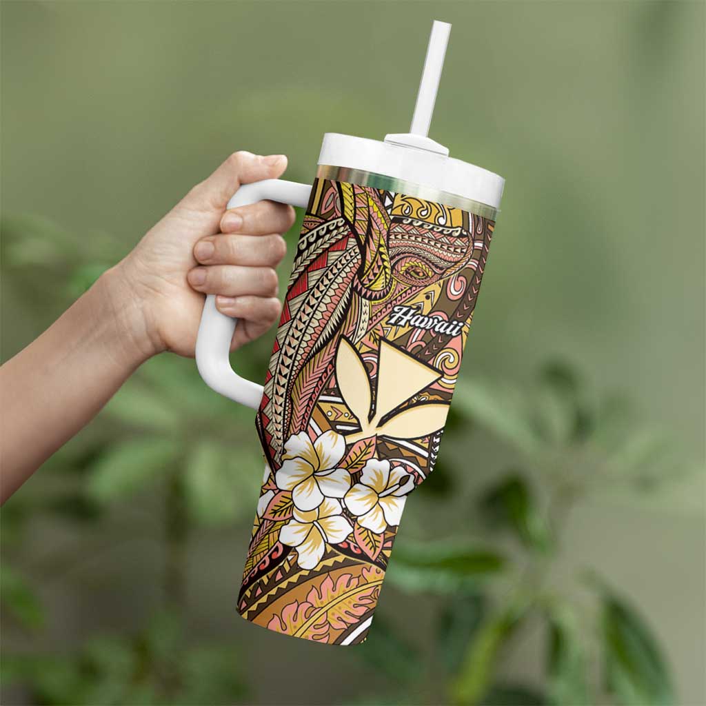 Personalised Hawaii Tribal Humpback Whale Tumbler With Handle Melemele Hibiscus Seamless Pattern