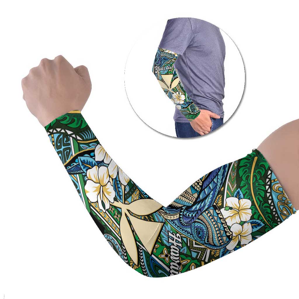 Personalised Hawaii Tribal Humpback Whale Arm Sleeves Omaomao Hibiscus Seamless Pattern LT9 Set of 2 Green - Polynesian Pride