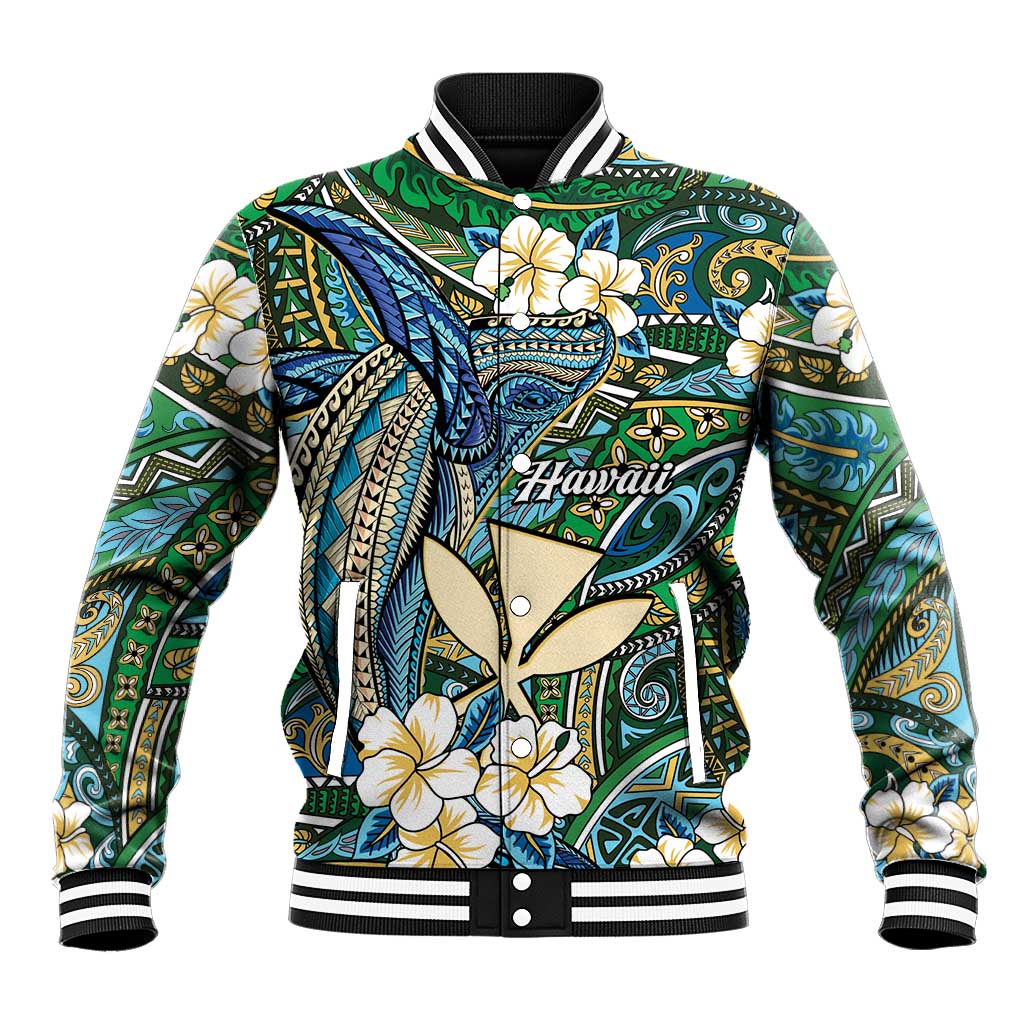 Personalised Hawaii Tribal Humpback Whale Baseball Jacket Omaomao Hibiscus Seamless Pattern