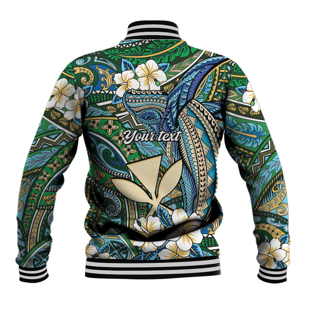 Personalised Hawaii Tribal Humpback Whale Baseball Jacket Omaomao Hibiscus Seamless Pattern