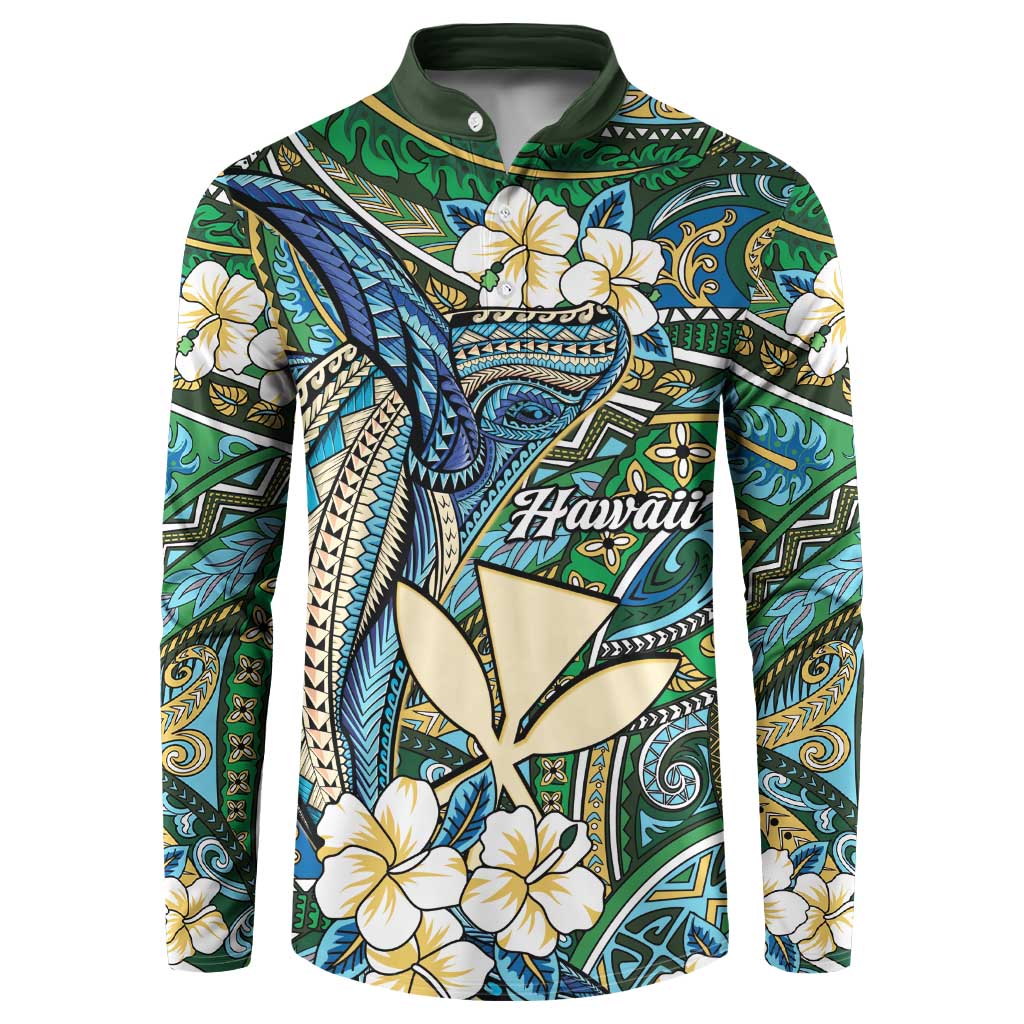 Personalised Hawaii Tribal Humpback Whale Button Sweatshirt Omaomao Hibiscus Seamless Pattern LT9 Green - Polynesian Pride