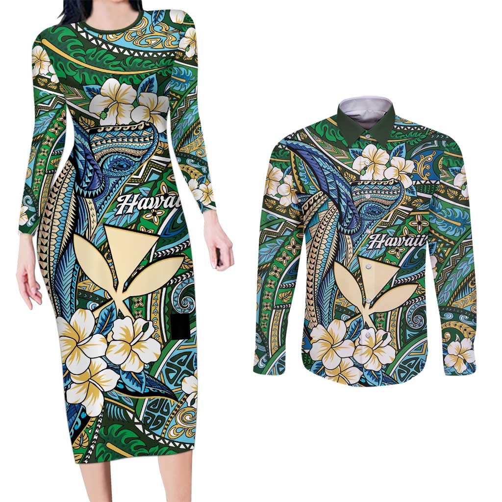 Personalised Hawaii Tribal Humpback Whale Couples Matching Long Sleeve Bodycon Dress and Long Sleeve Button Shirt Omaomao Hibiscus Seamless Pattern LT9 Green - Polynesian Pride