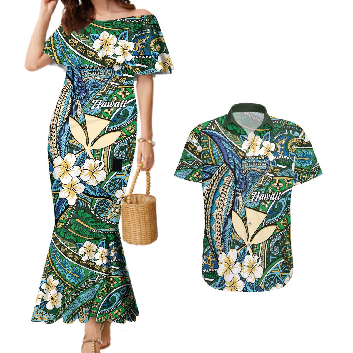 Personalised Hawaii Tribal Humpback Whale Couples Matching Mermaid Dress and Hawaiian Shirt Omaomao Hibiscus Seamless Pattern LT9 Green - Polynesian Pride