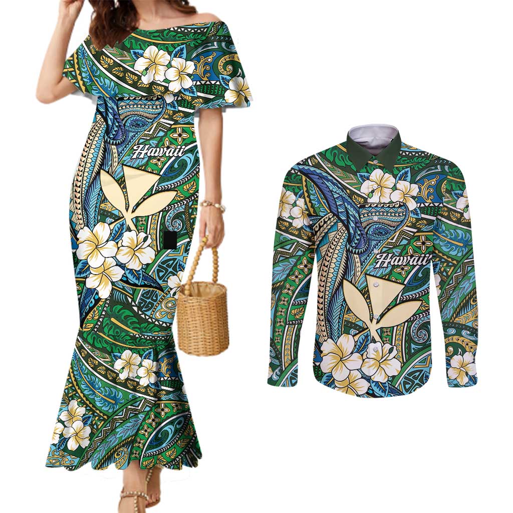 Personalised Hawaii Tribal Humpback Whale Couples Matching Mermaid Dress and Long Sleeve Button Shirt Omaomao Hibiscus Seamless Pattern LT9 Green - Polynesian Pride