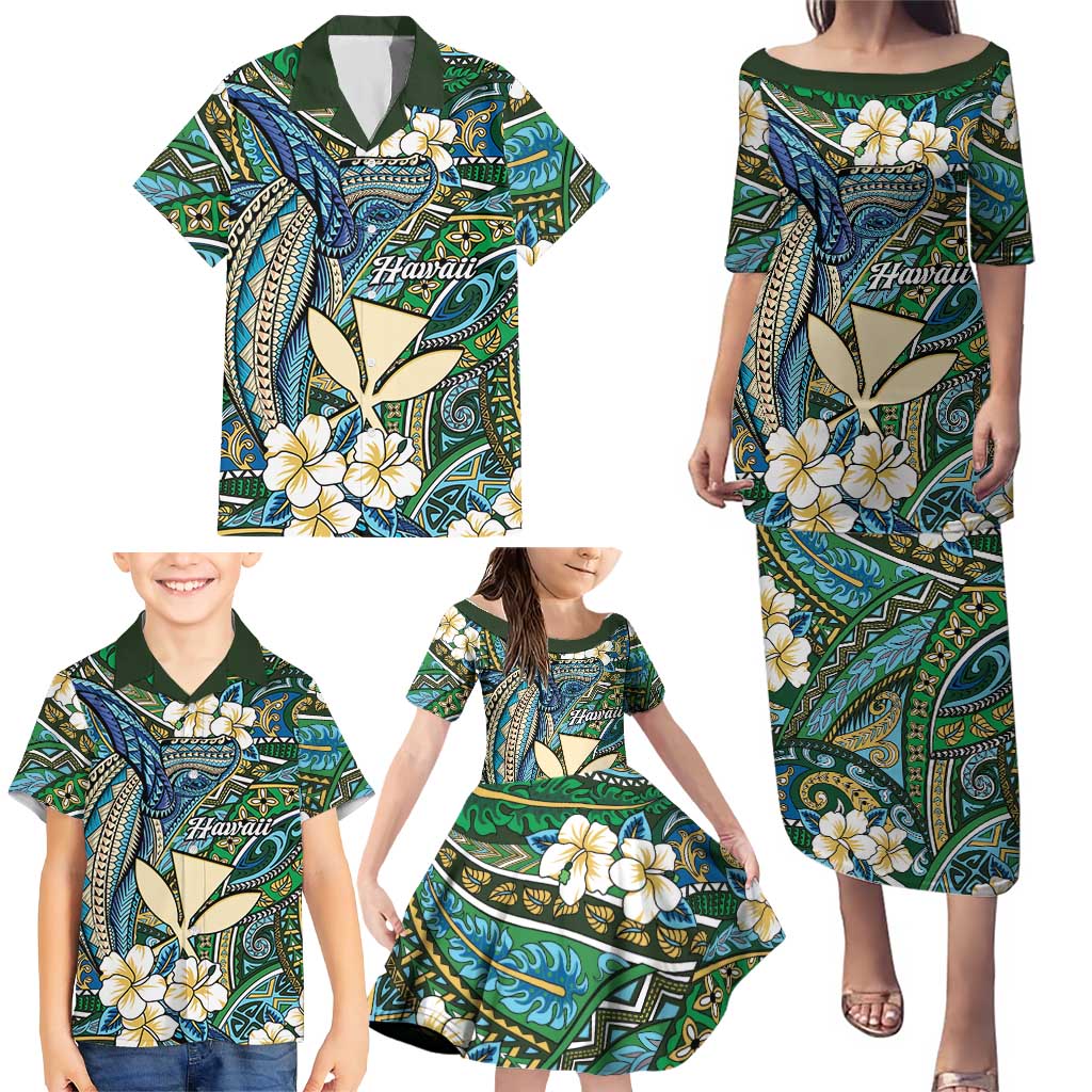 Personalised Hawaii Tribal Humpback Whale Family Matching Puletasi and Hawaiian Shirt Omaomao Hibiscus Seamless Pattern