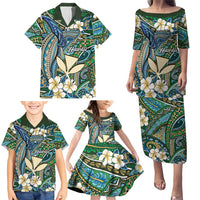 Personalised Hawaii Tribal Humpback Whale Family Matching Puletasi and Hawaiian Shirt Omaomao Hibiscus Seamless Pattern