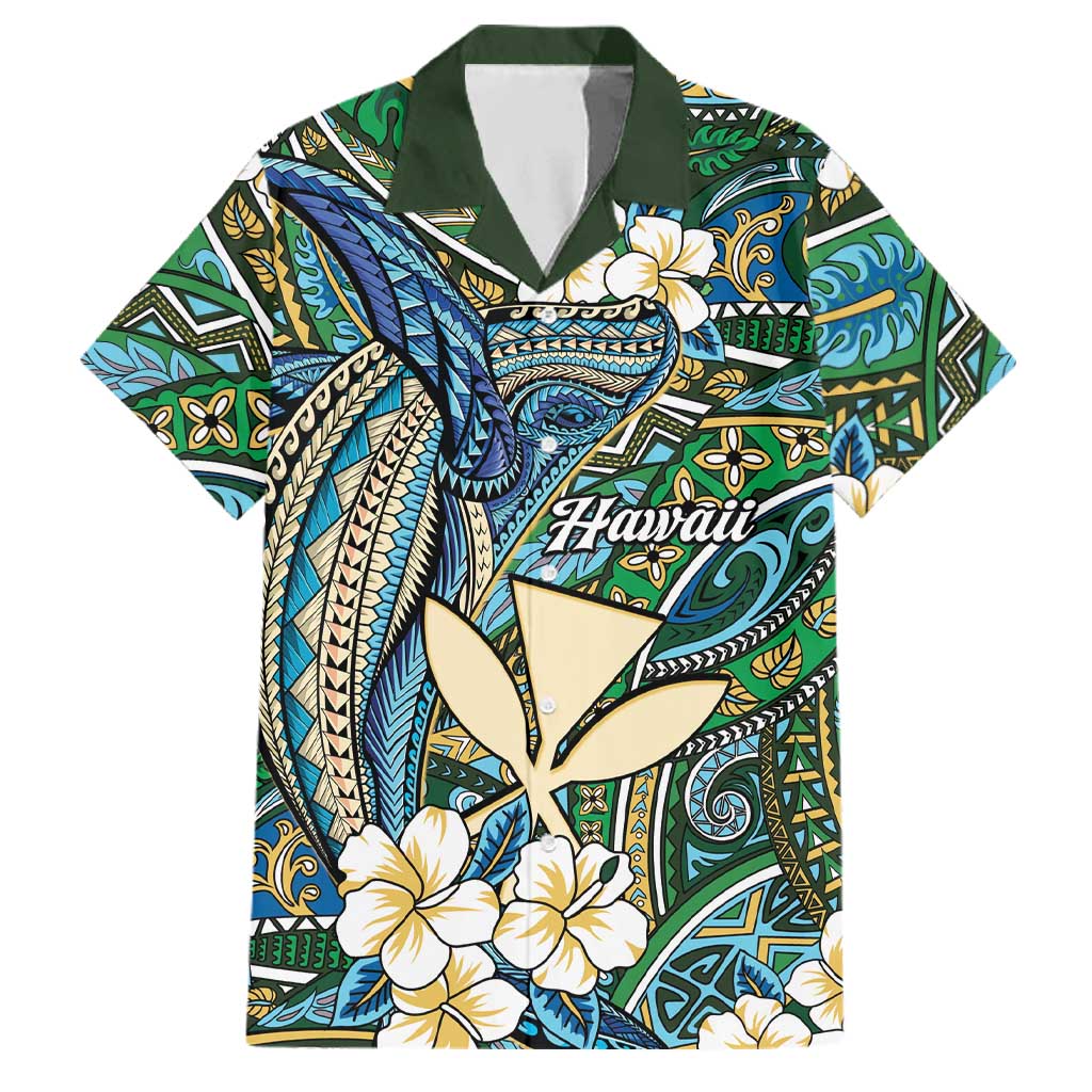 Personalised Hawaii Tribal Humpback Whale Family Matching Puletasi and Hawaiian Shirt Omaomao Hibiscus Seamless Pattern