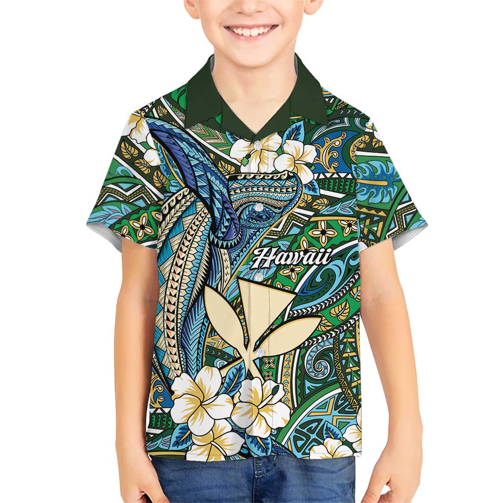 Personalised Hawaii Tribal Humpback Whale Family Matching Puletasi and Hawaiian Shirt Omaomao Hibiscus Seamless Pattern
