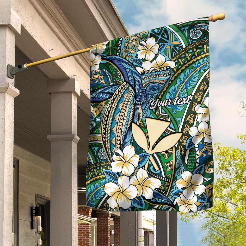 Personalised Hawaii Tribal Humpback Whale Garden Flag Omaomao Hibiscus Seamless Pattern LT9 House Flag Green - Polynesian Pride