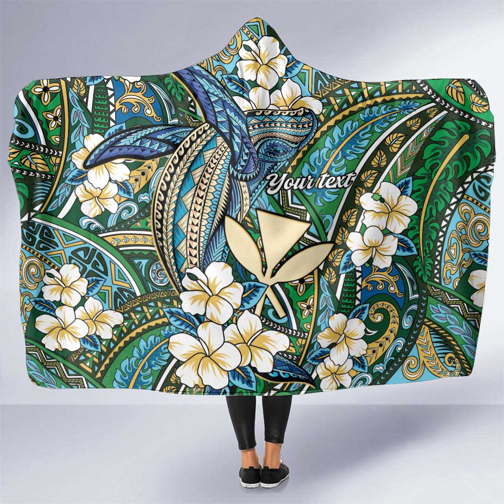 Personalised Hawaii Tribal Humpback Whale Hooded Blanket Omaomao Hibiscus Seamless Pattern LT9 One Size Green - Polynesian Pride