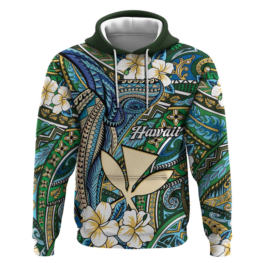 Personalised Hawaii Tribal Humpback Whale Hoodie Omaomao Hibiscus Seamless Pattern LT9 Pullover Hoodie Green - Polynesian Pride