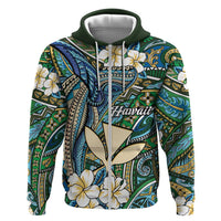 Personalised Hawaii Tribal Humpback Whale Hoodie Omaomao Hibiscus Seamless Pattern LT9 Zip Hoodie Green - Polynesian Pride