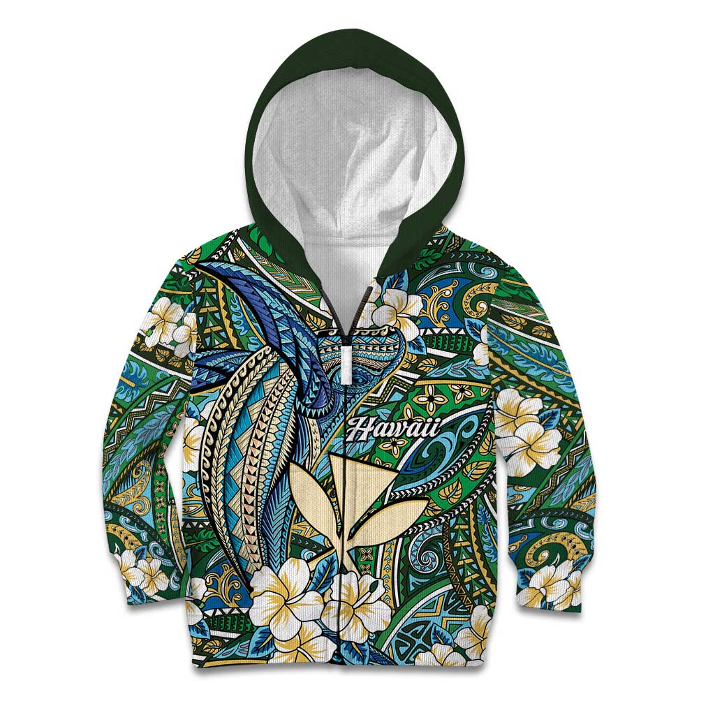 Personalised Hawaii Tribal Humpback Whale Kid Hoodie Omaomao Hibiscus Seamless Pattern LT9 Zip Hoodie Green - Polynesian Pride