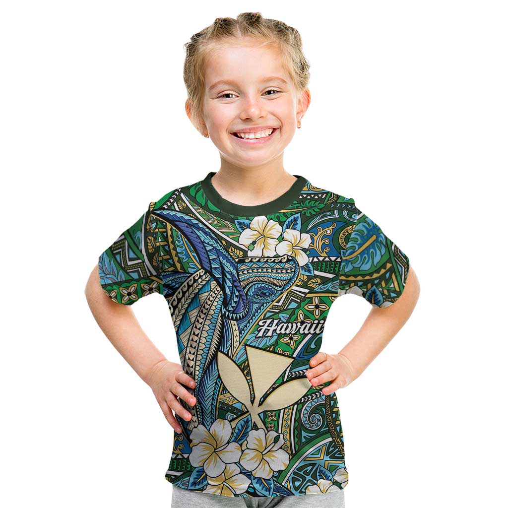 Personalised Hawaii Tribal Humpback Whale Kid T Shirt Omaomao Hibiscus Seamless Pattern