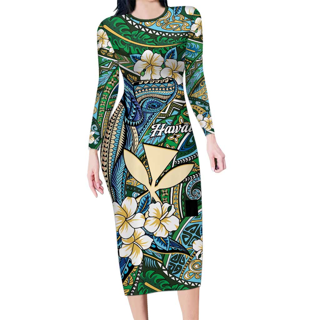 Personalised Hawaii Tribal Humpback Whale Long Sleeve Bodycon Dress Omaomao Hibiscus Seamless Pattern LT9 Long Dress Green - Polynesian Pride