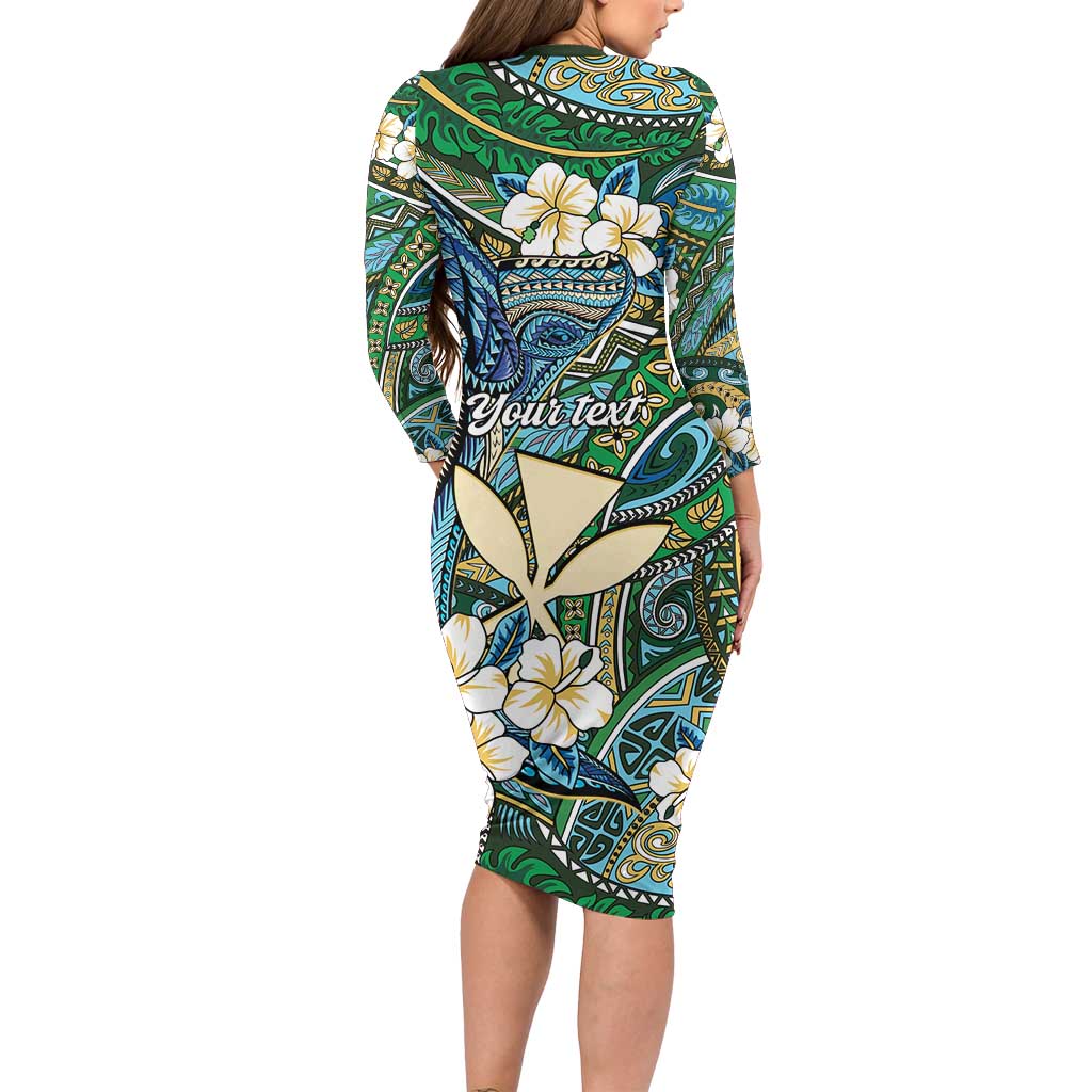 Personalised Hawaii Tribal Humpback Whale Long Sleeve Bodycon Dress Omaomao Hibiscus Seamless Pattern LT9 - Polynesian Pride