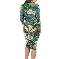 Personalised Hawaii Tribal Humpback Whale Long Sleeve Bodycon Dress Omaomao Hibiscus Seamless Pattern LT9 - Polynesian Pride