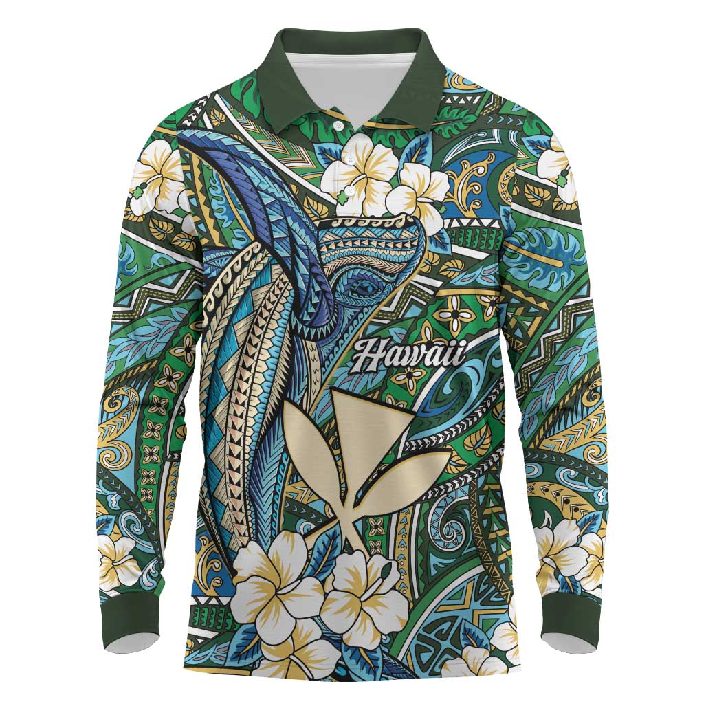 Personalised Hawaii Tribal Humpback Whale Long Sleeve Polo Shirt Omaomao Hibiscus Seamless Pattern