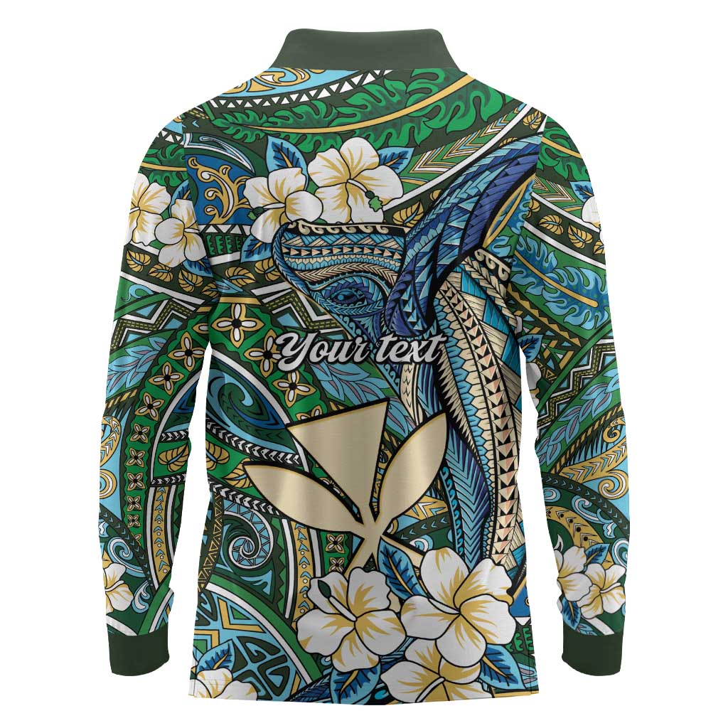 Personalised Hawaii Tribal Humpback Whale Long Sleeve Polo Shirt Omaomao Hibiscus Seamless Pattern
