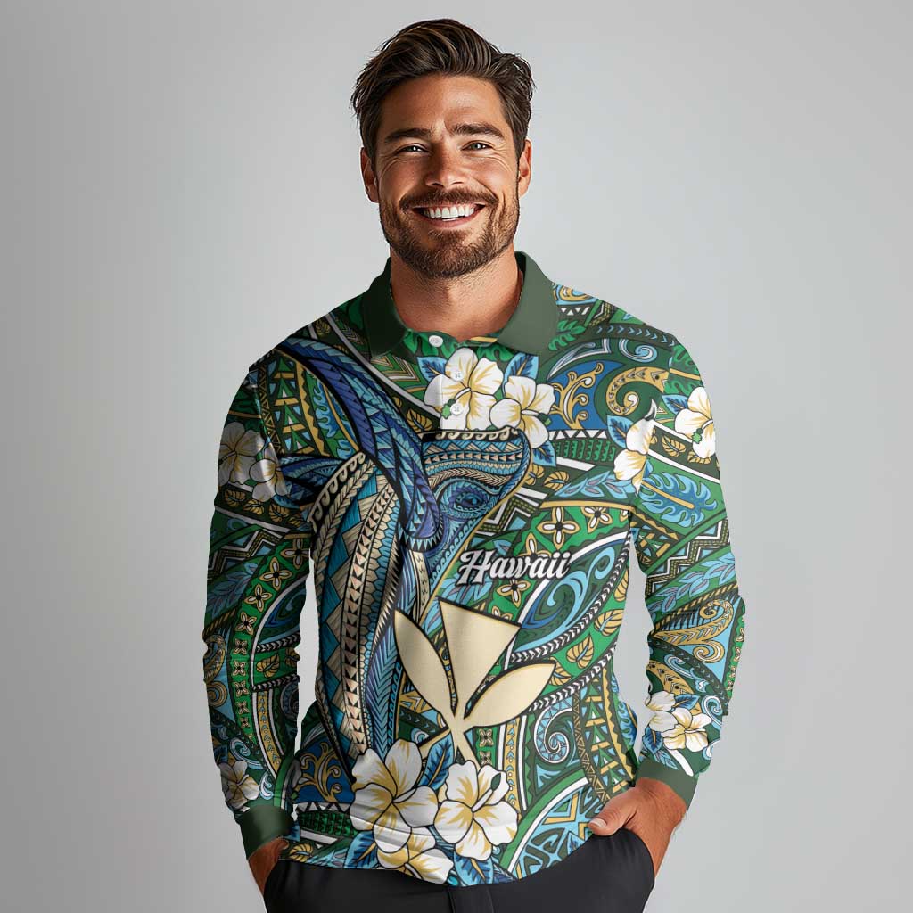 Personalised Hawaii Tribal Humpback Whale Long Sleeve Polo Shirt Omaomao Hibiscus Seamless Pattern